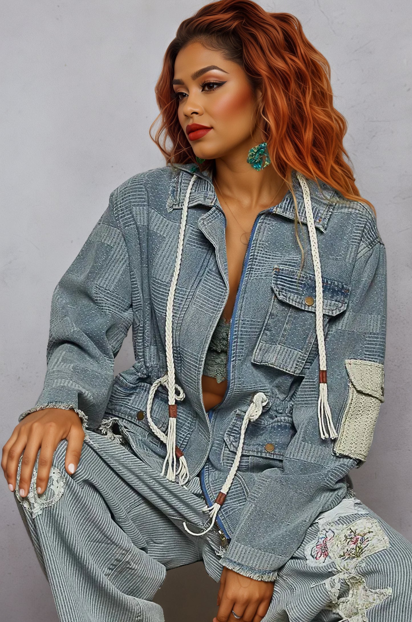 Raw Hem Drawstring Zip Up Hooded Denim Jacket