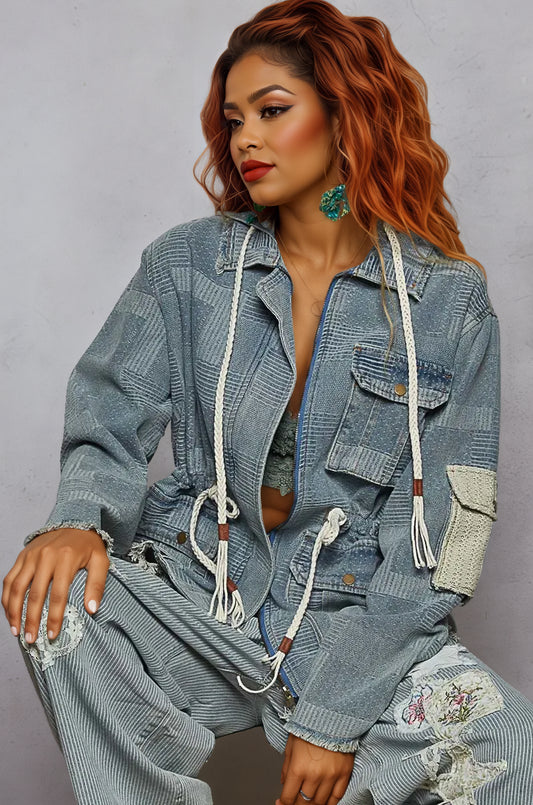 Raw Hem Drawstring Zip Up Hooded Denim Jacket