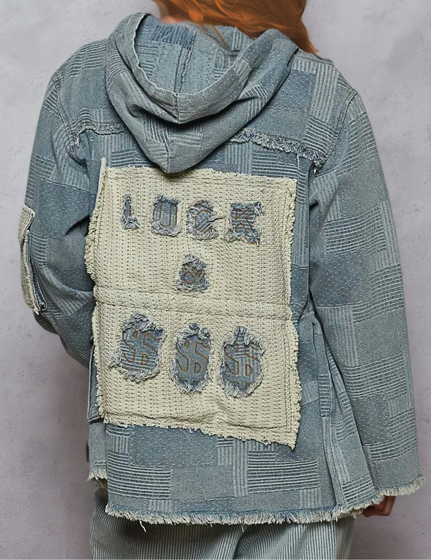 Raw Hem Drawstring Zip Up Hooded Denim Jacket
