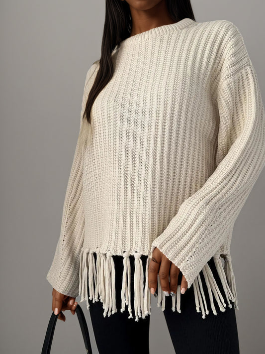 Fringe Round Neck Long Sleeve Sweater