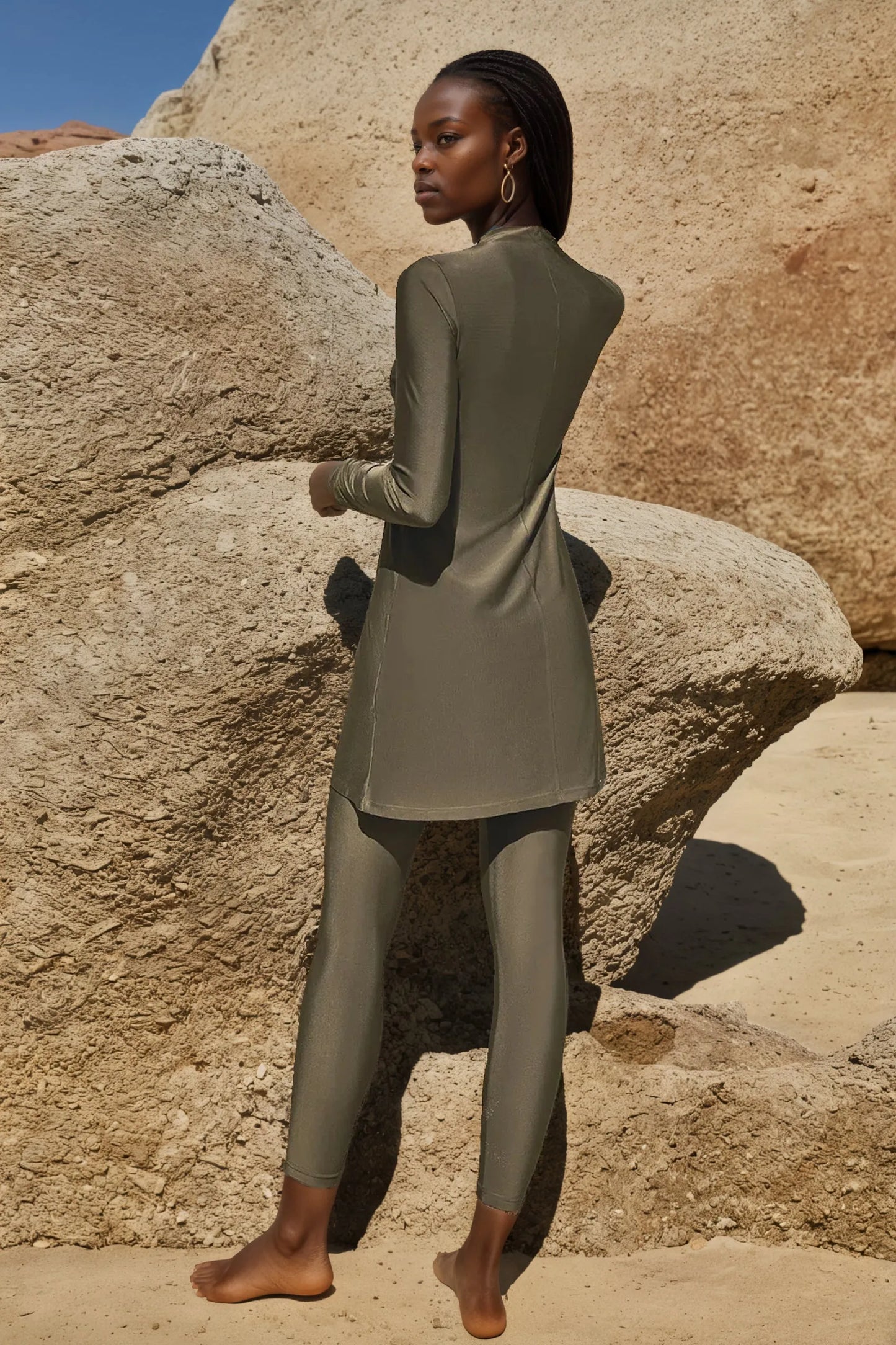 Slit Mock Neck Long Sleeve Top and Pants Swim Set