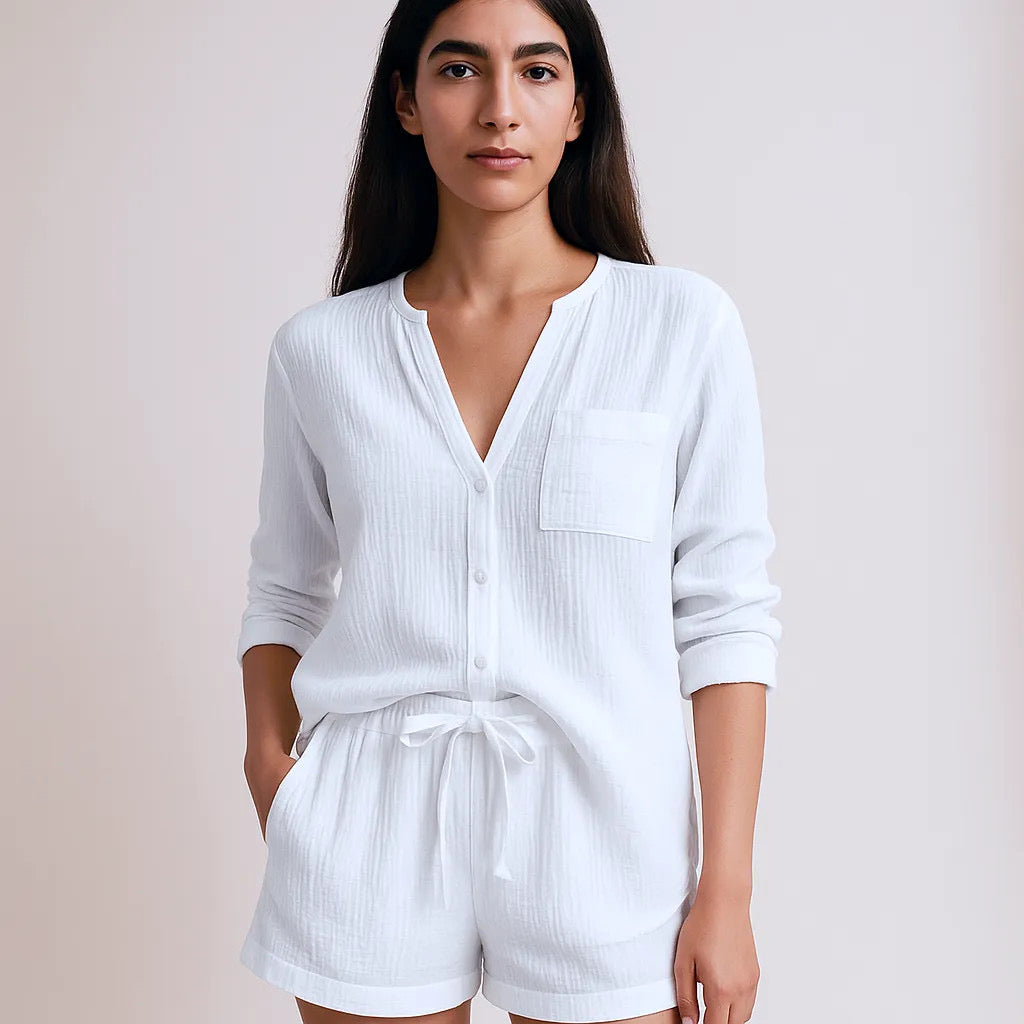 Notched Long Sleeve Top and Shorts Set