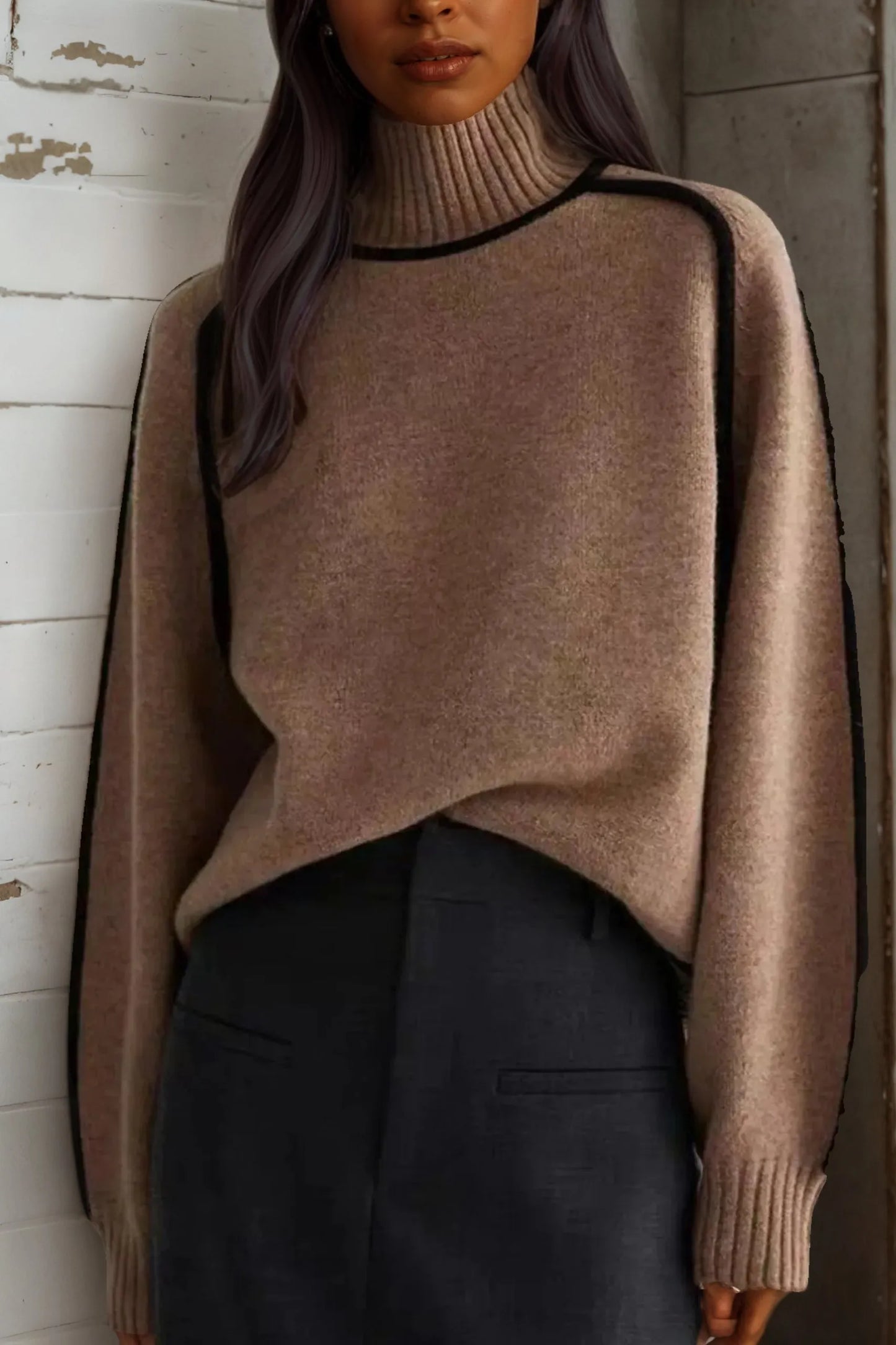 Contrast Trim Turtleneck Sweater