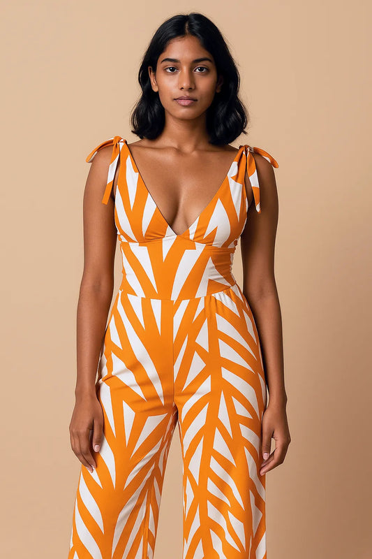 Printed Tie Shoulder One Piece Swimsuit and  Matching Pants Set