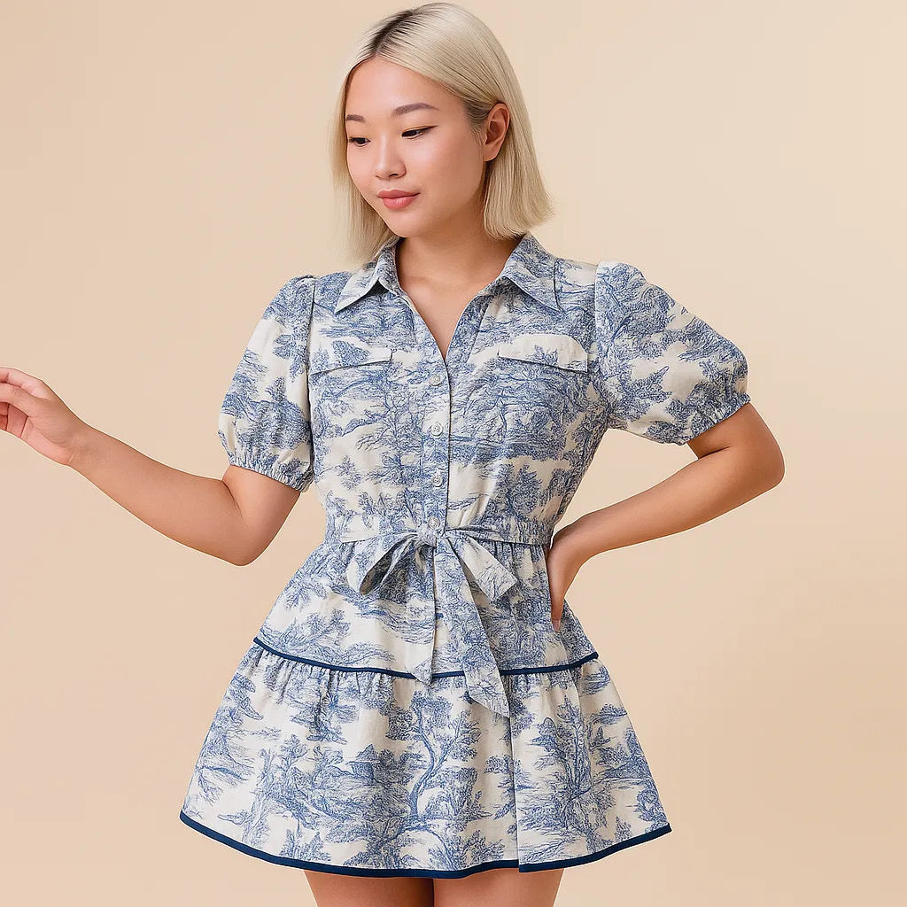 Short Sleeve Toile Printed Tiered Dress