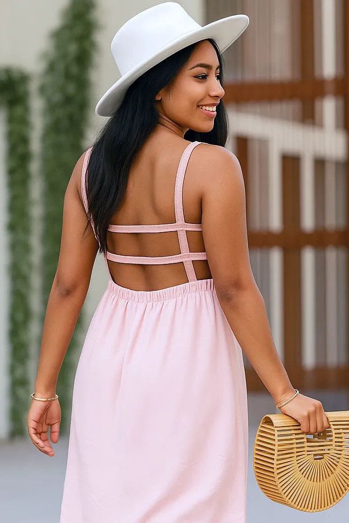 Cotton Smocking Open-Back Midi Dress