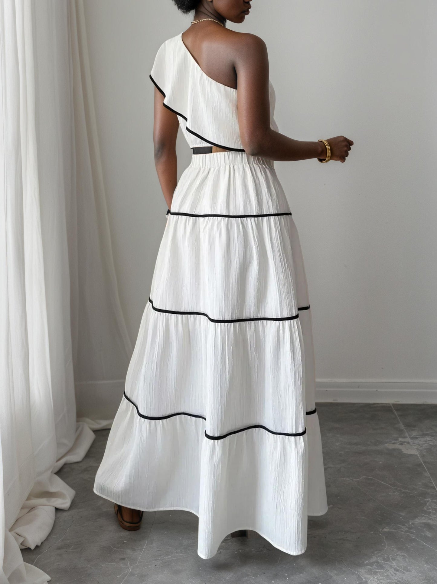 One-Shoulder Ruffle Top and Maxi Skirt Set