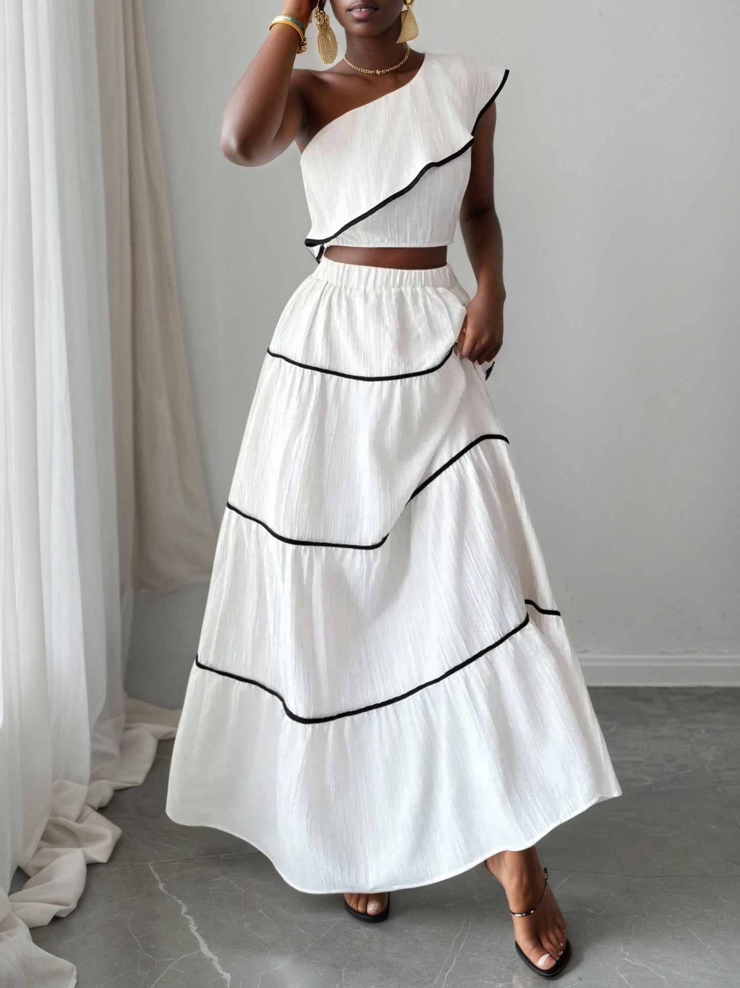 One-Shoulder Ruffle Top and Maxi Skirt Set