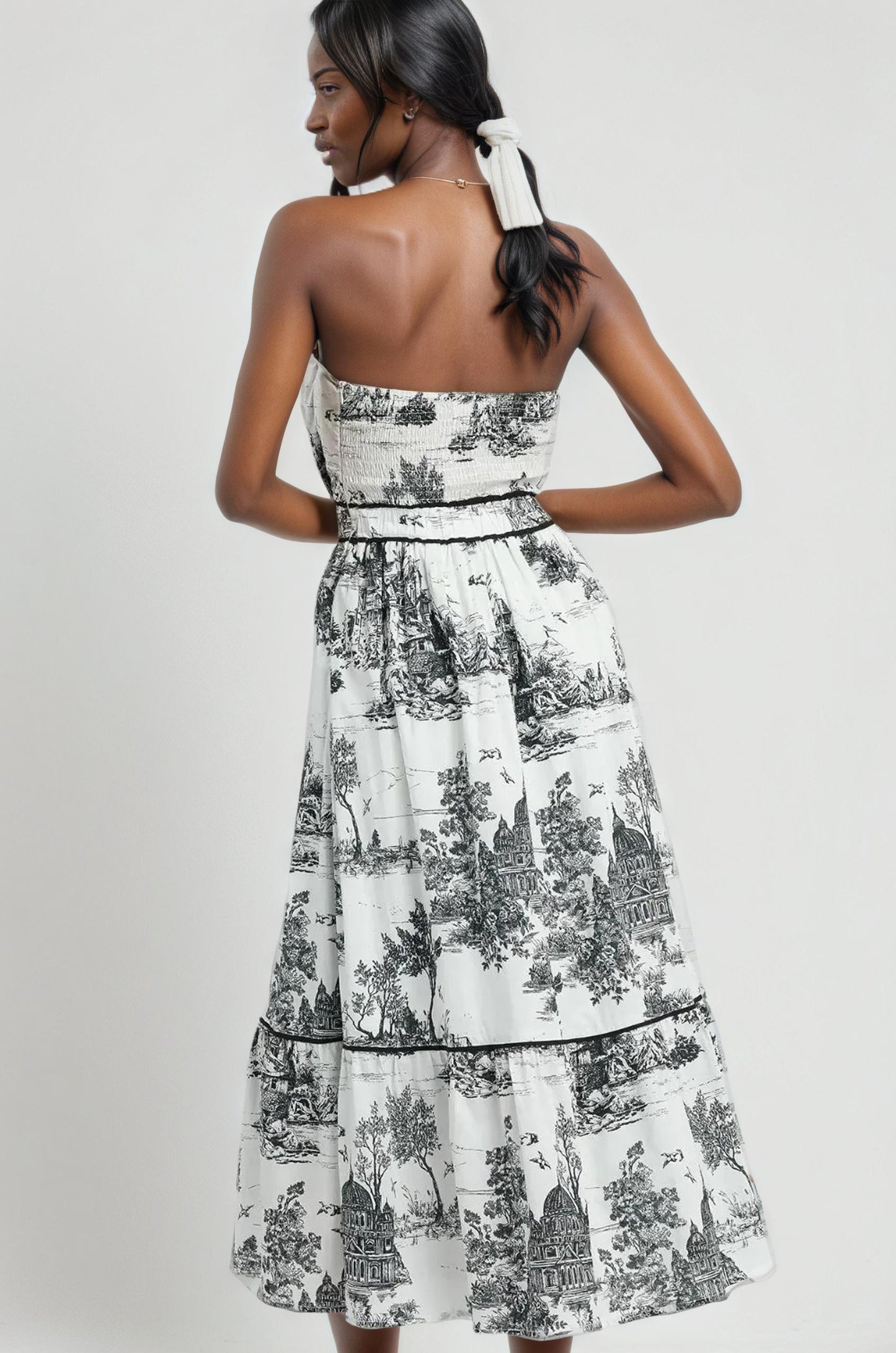 Toile Printed Tiered Tube Midi Dress