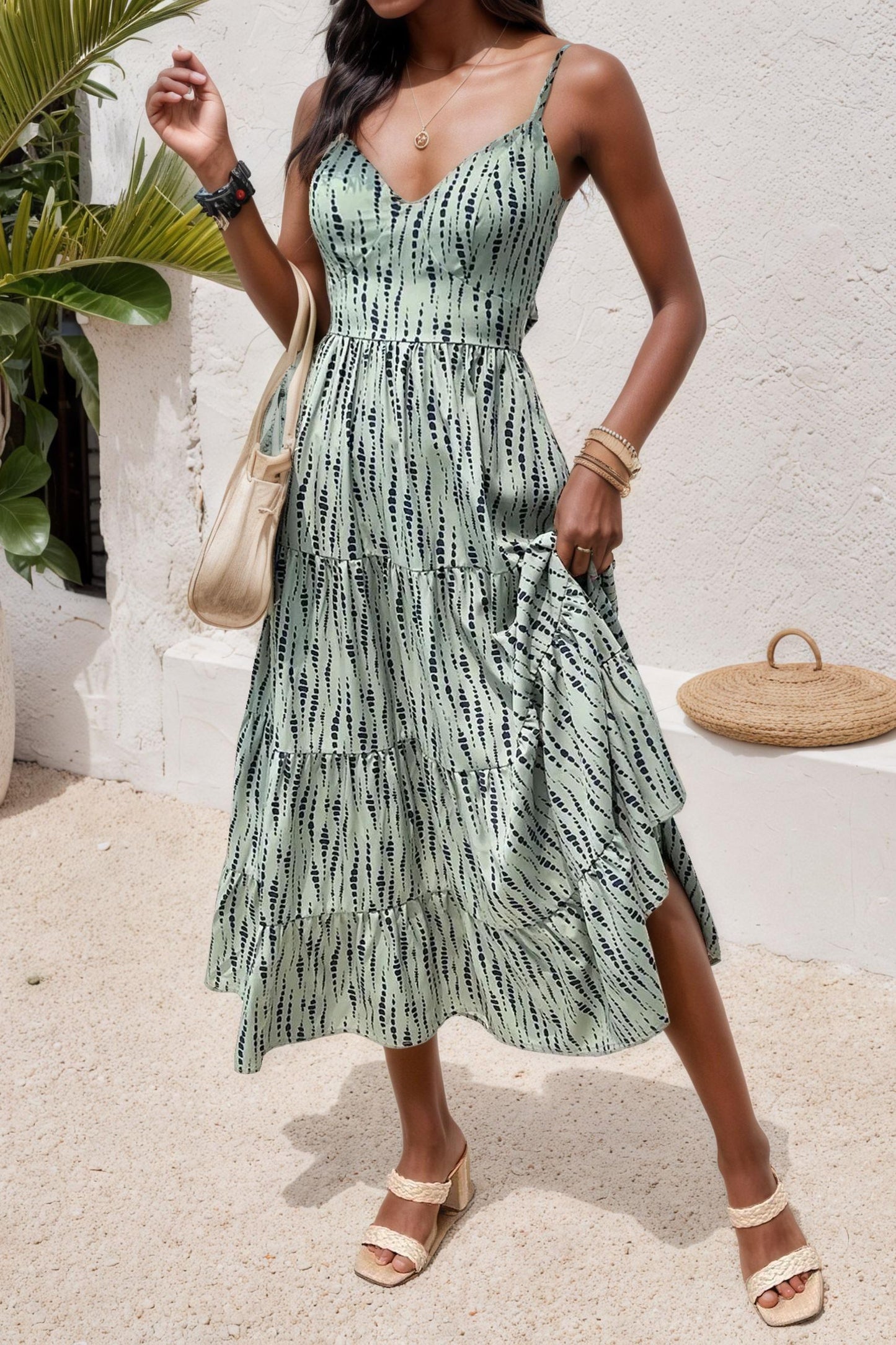 Abstract Dot Tiered Midi Cami Dress with Bow Back