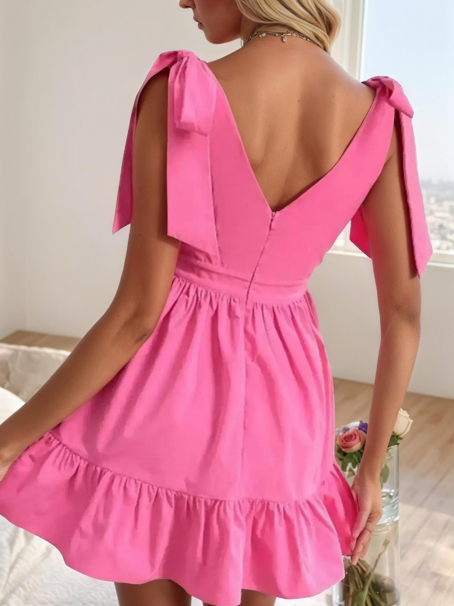 V Neck Tiered Mini Dress with Bow Straps