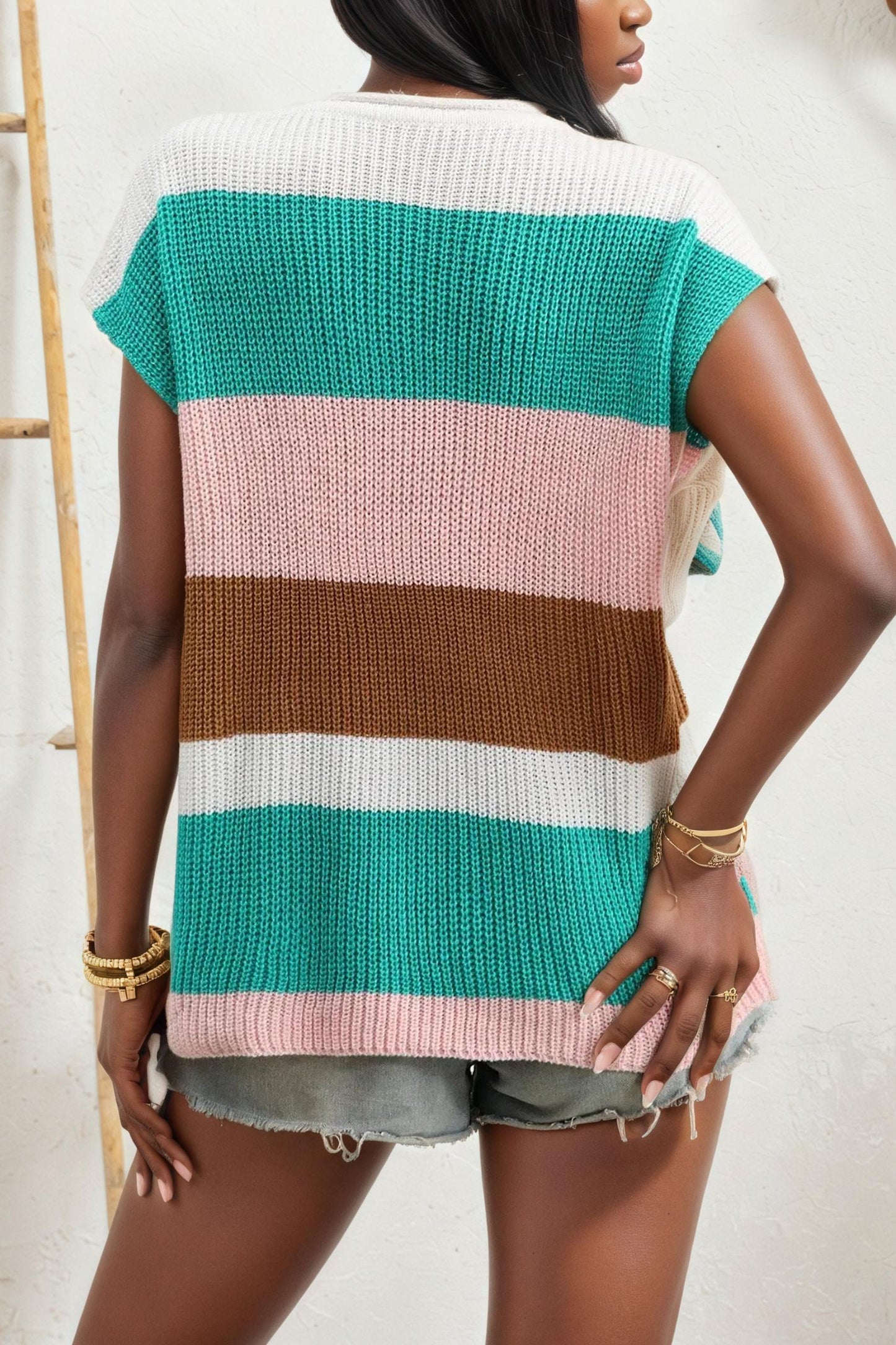 Color Block Notched Short Sleeve Sweater Top