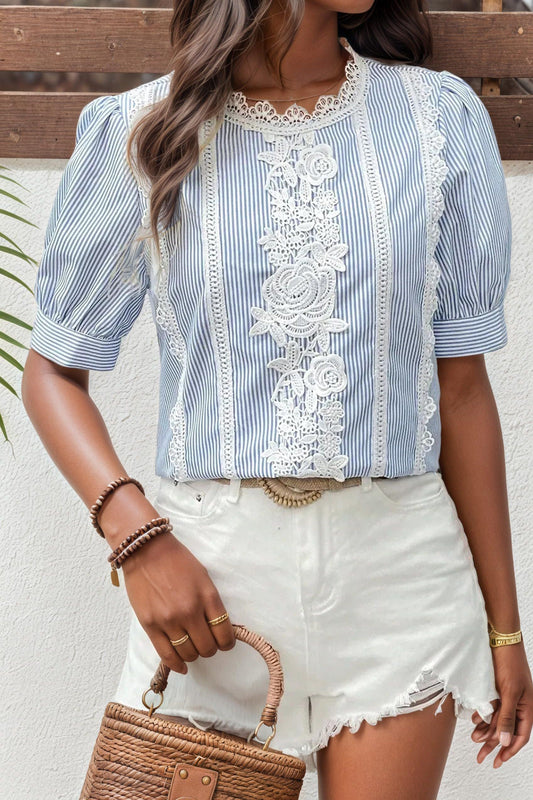 Striped Lace Detail Short Sleeve Blouse