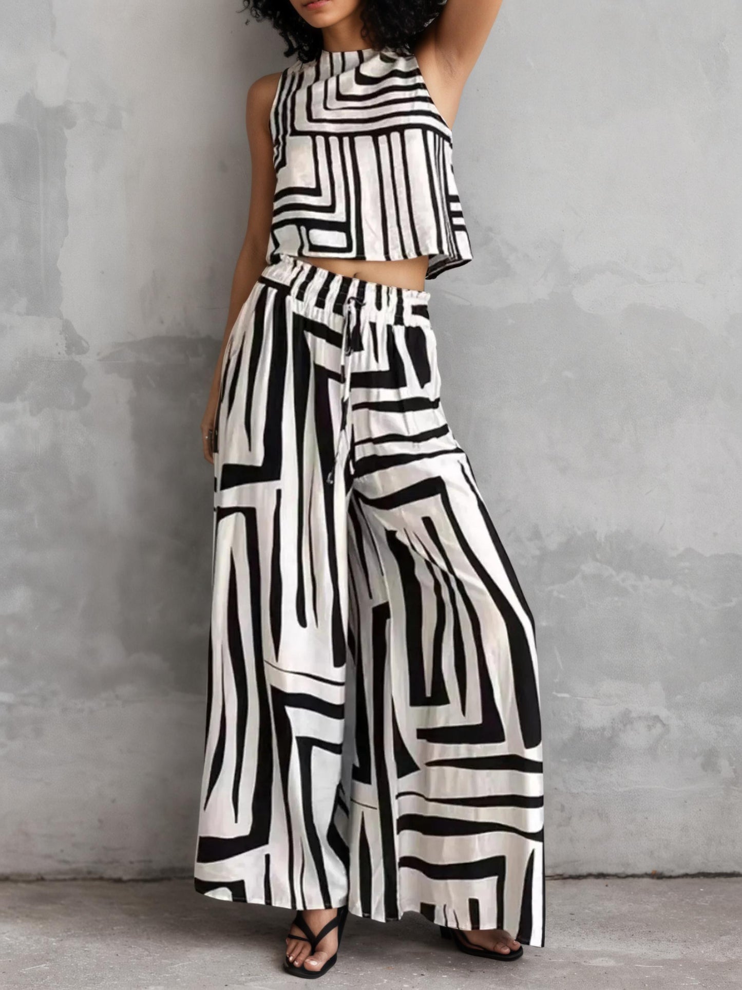 Geometric Print Sleeveless Top and Wide Leg Pants Set