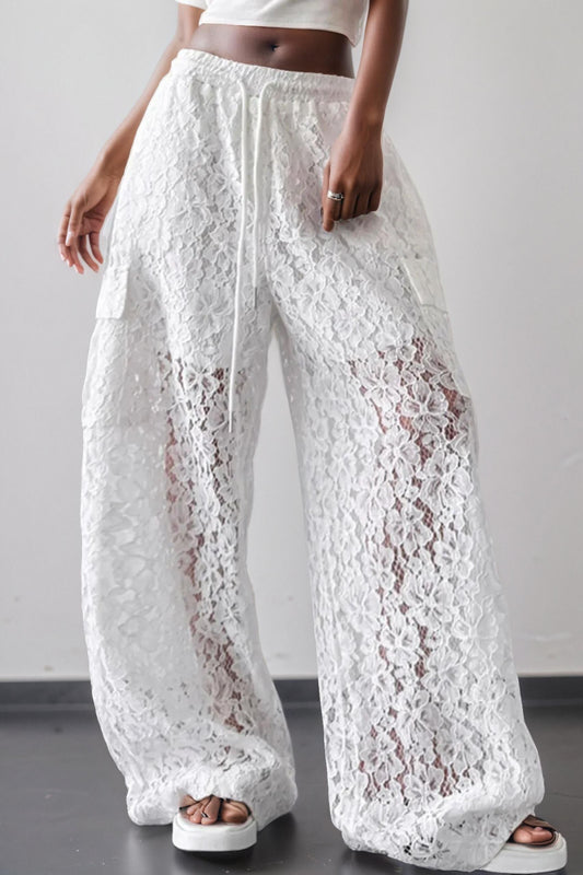 Wide Leg Lace Pants with Cargo Pockets