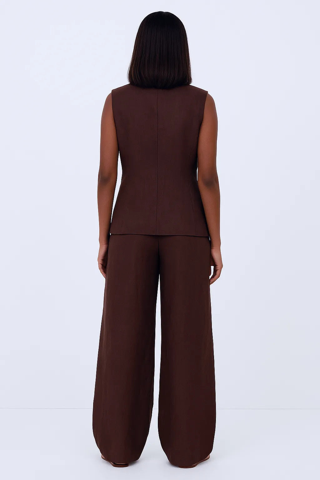 Sleeveless Linen Blazer and Wide Leg Pants Set