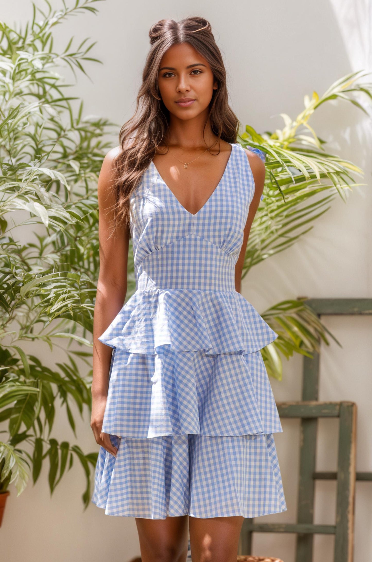 Gingham Tiered Mini Dress with Bow Straps