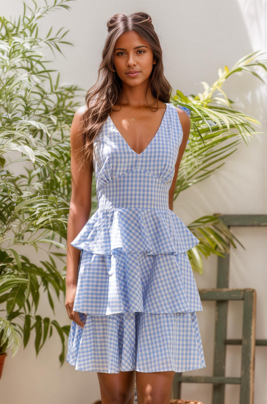 Gingham Tiered Mini Dress with Bow Straps