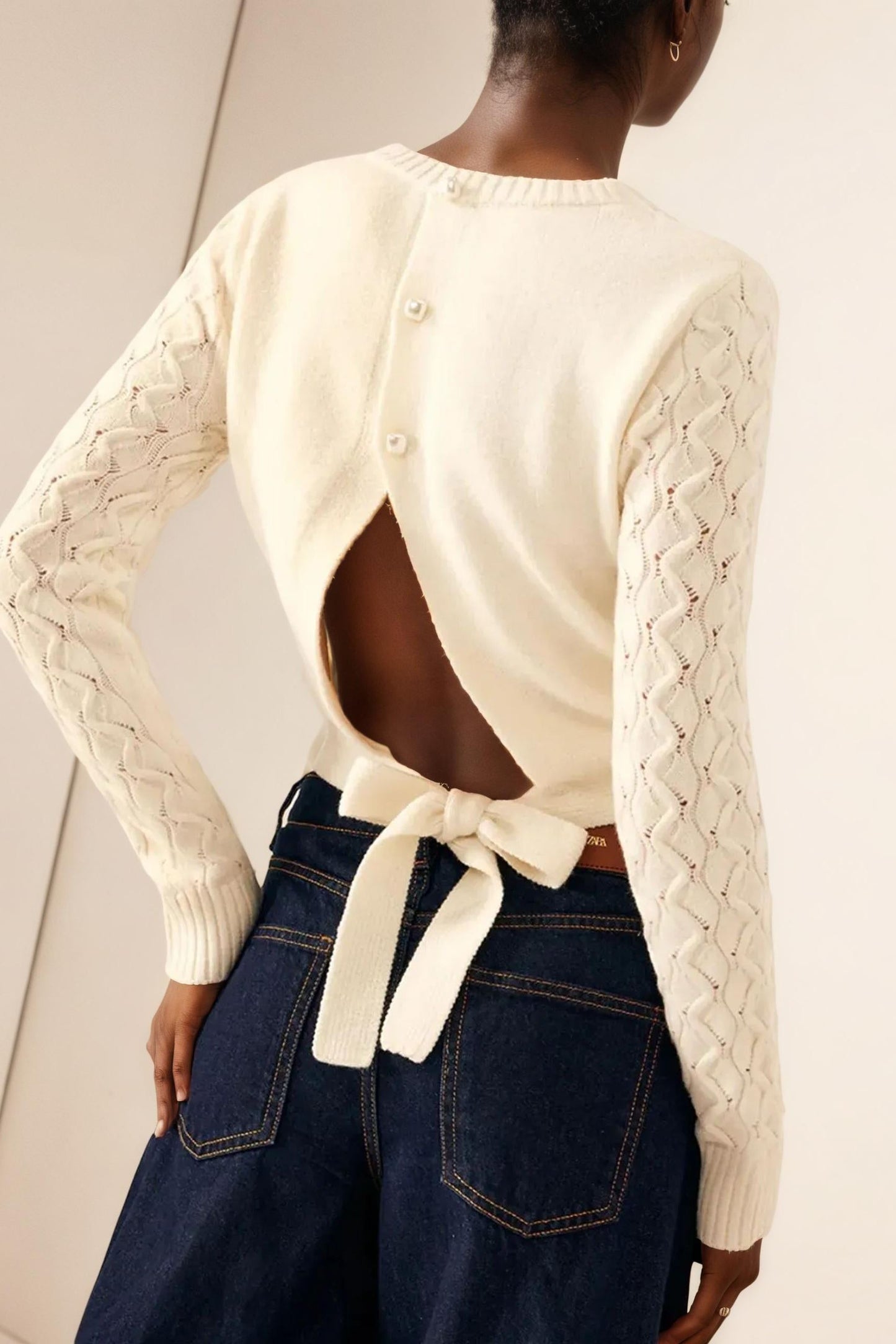 Cutout Bow Back Texture Sweater