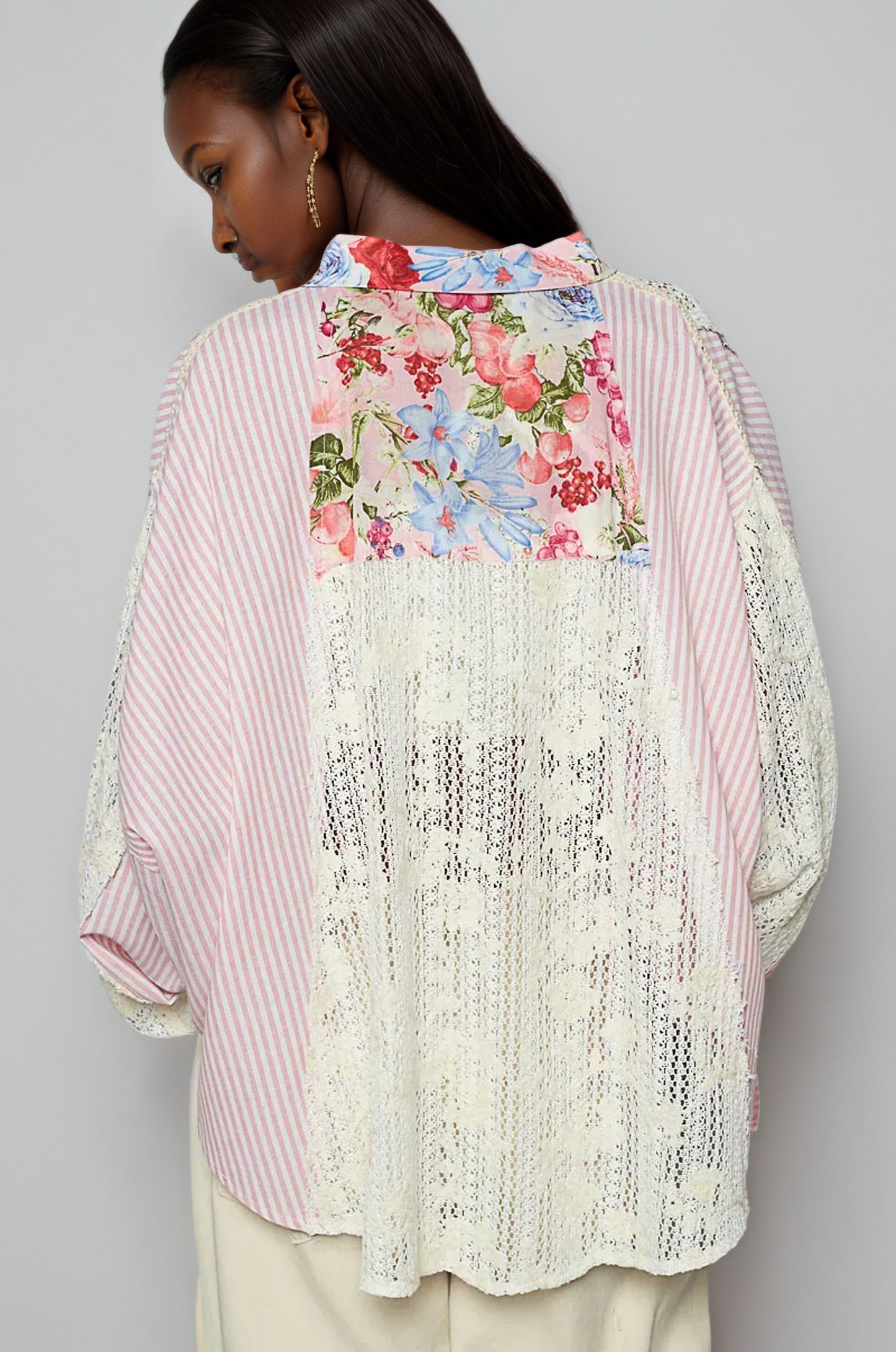 Mixed Print Lace Long Sleeve Shirt