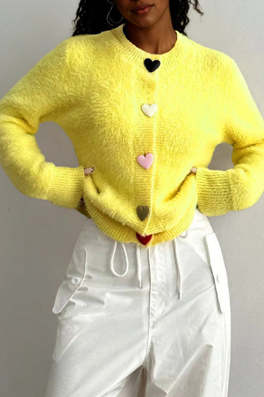 Heart Button Fuzzy Cardigan