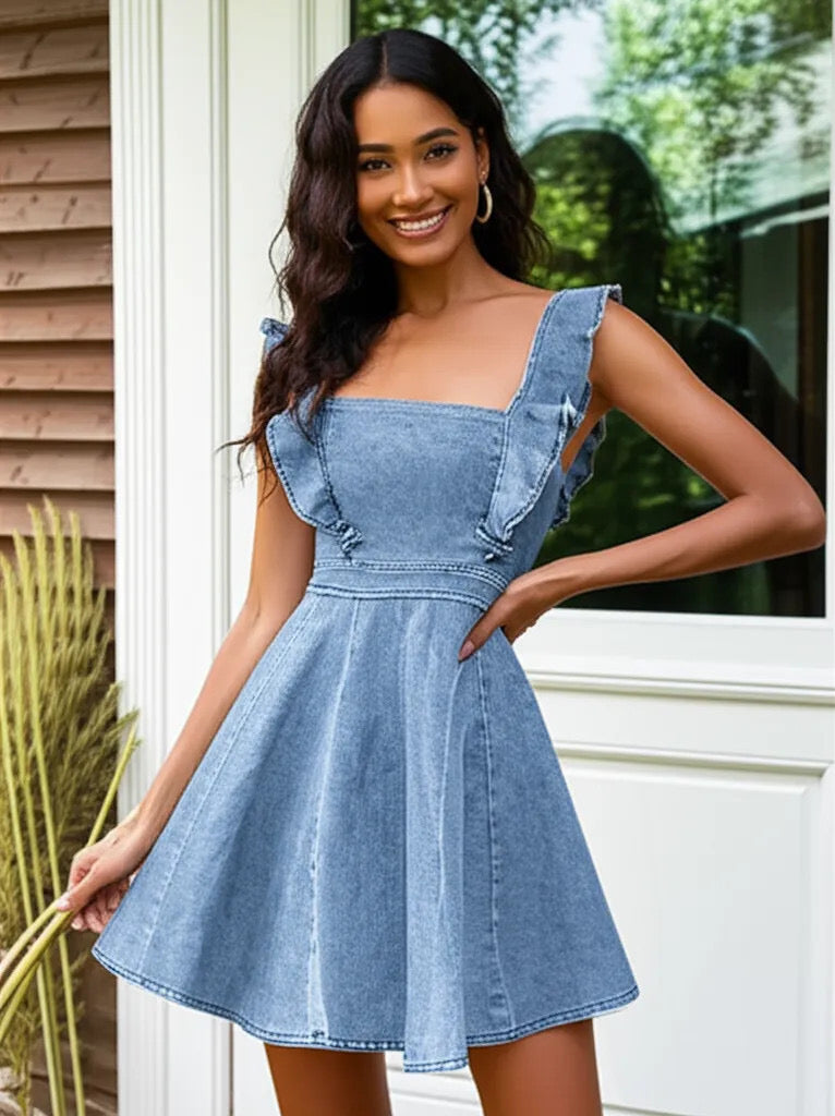 Square Neck Denim Mini Dress with Ruffled Straps