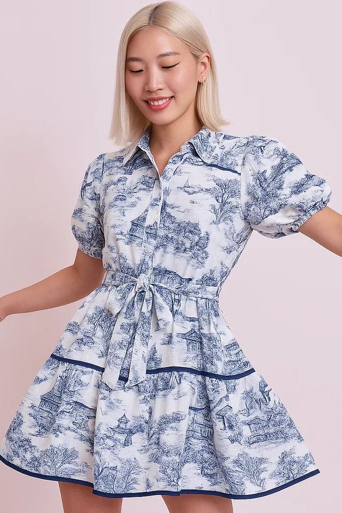 Short Sleeve Toile Printed Tiered Dress