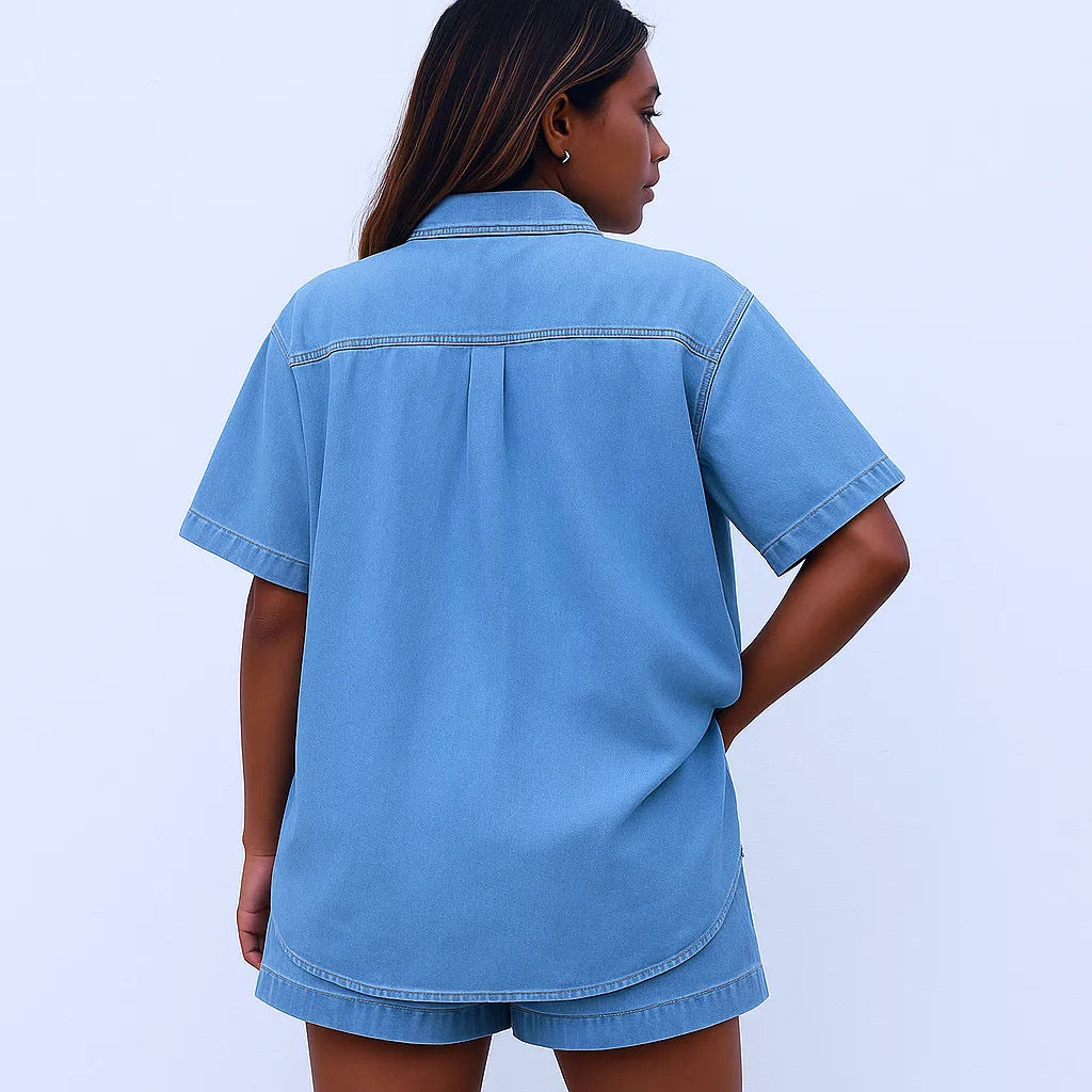 Button Up Short Sleeve Top and Shorts Denim Set