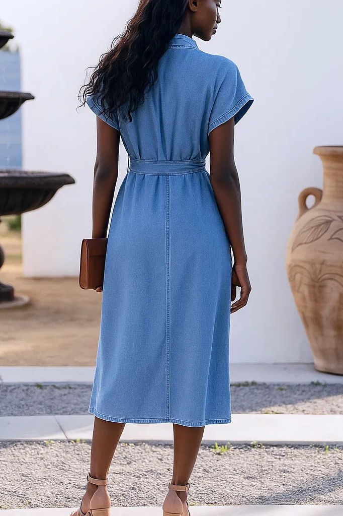 Tie Waist Button Up Short Sleeve Denim Dress