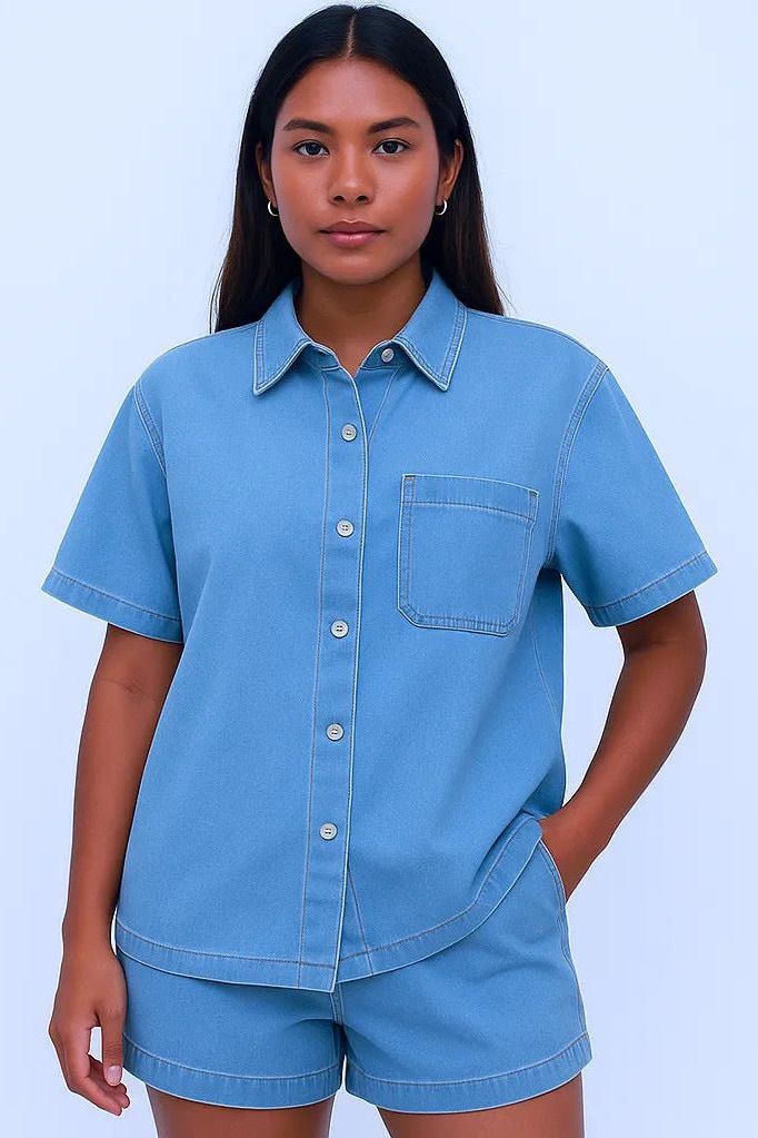Button Up Short Sleeve Top and Shorts Denim Set