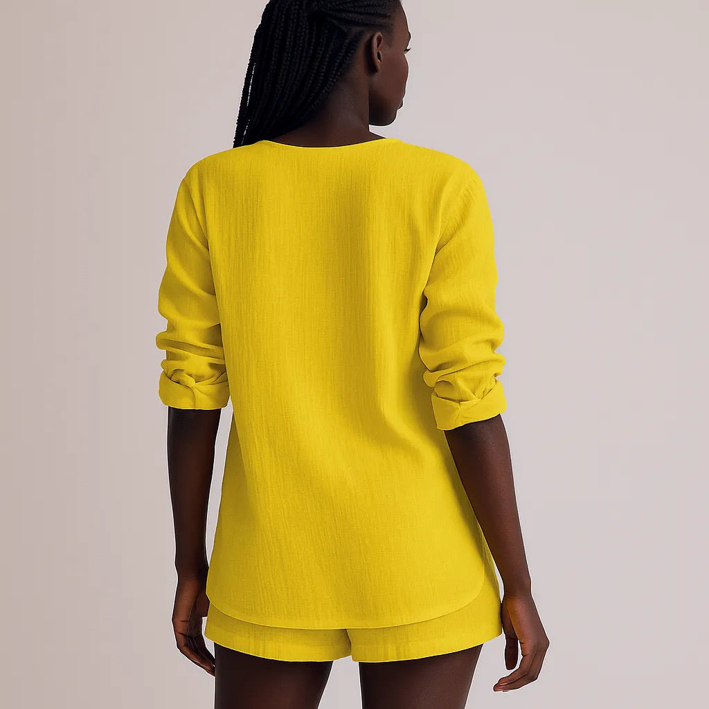 Notched Long Sleeve Top and Shorts Set