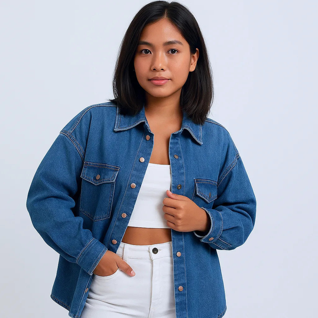 Long Sleeve Denim Shacket with Snap Front