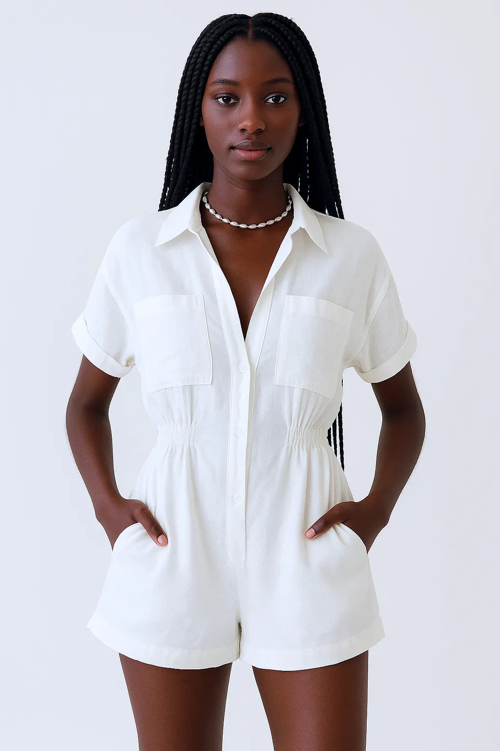 Collared V Neck Short Sleeve Romper
