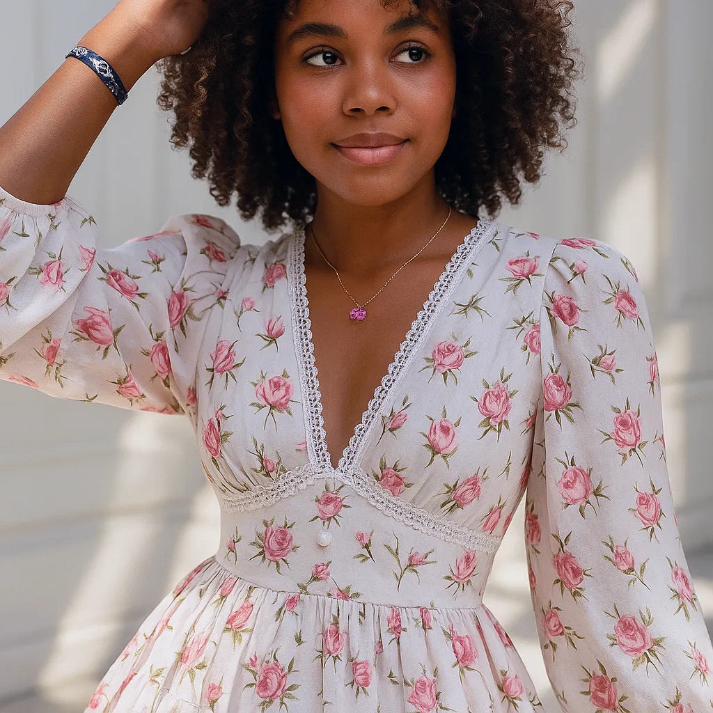 V-Neck Rose Printed Balloon Sleeve Dress w/ Lace Detail