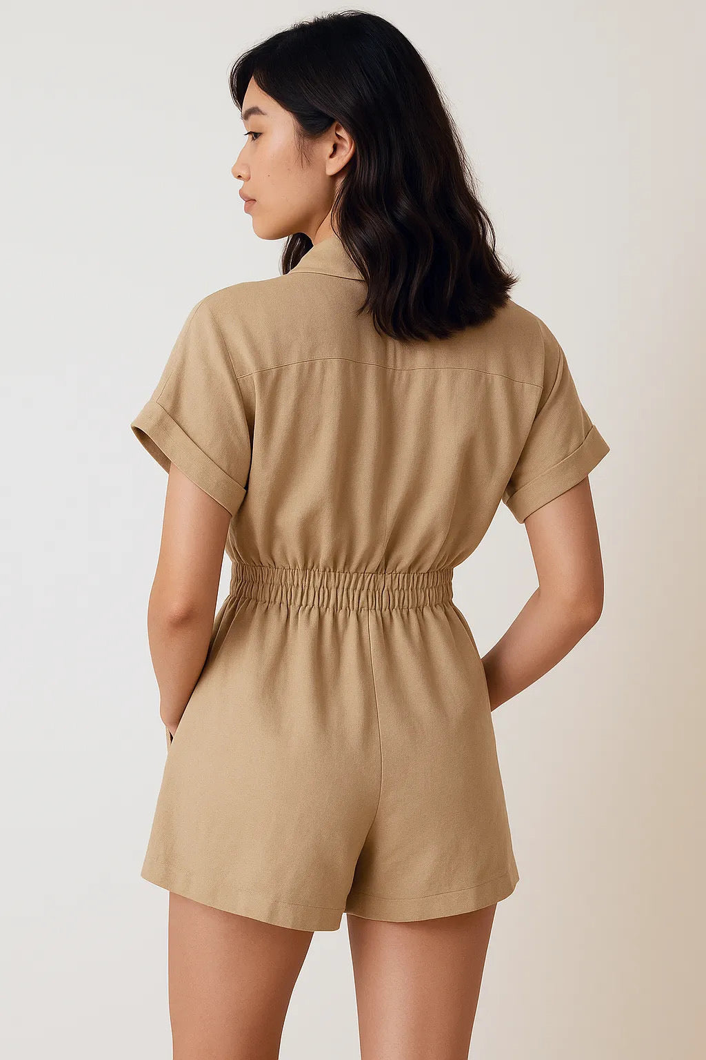 Collared V Neck Short Sleeve Romper