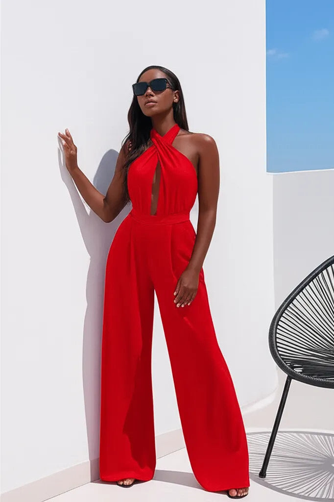 Wide Leg Cutout Halter Neck Jumpsuit