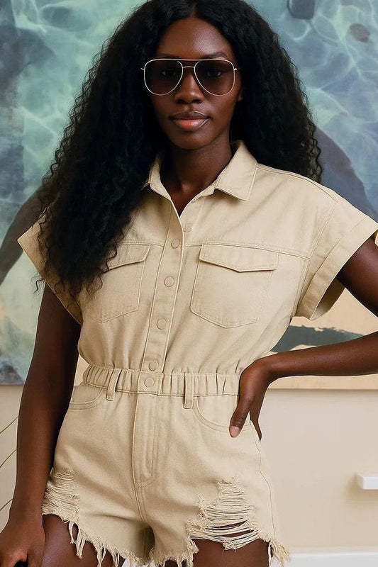 Distressed Detail Collared Short Sleeve Romper