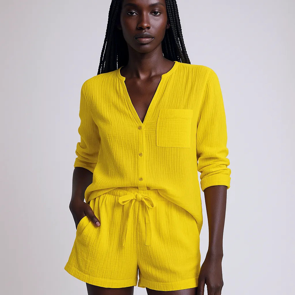 Notched Long Sleeve Top and Shorts Set