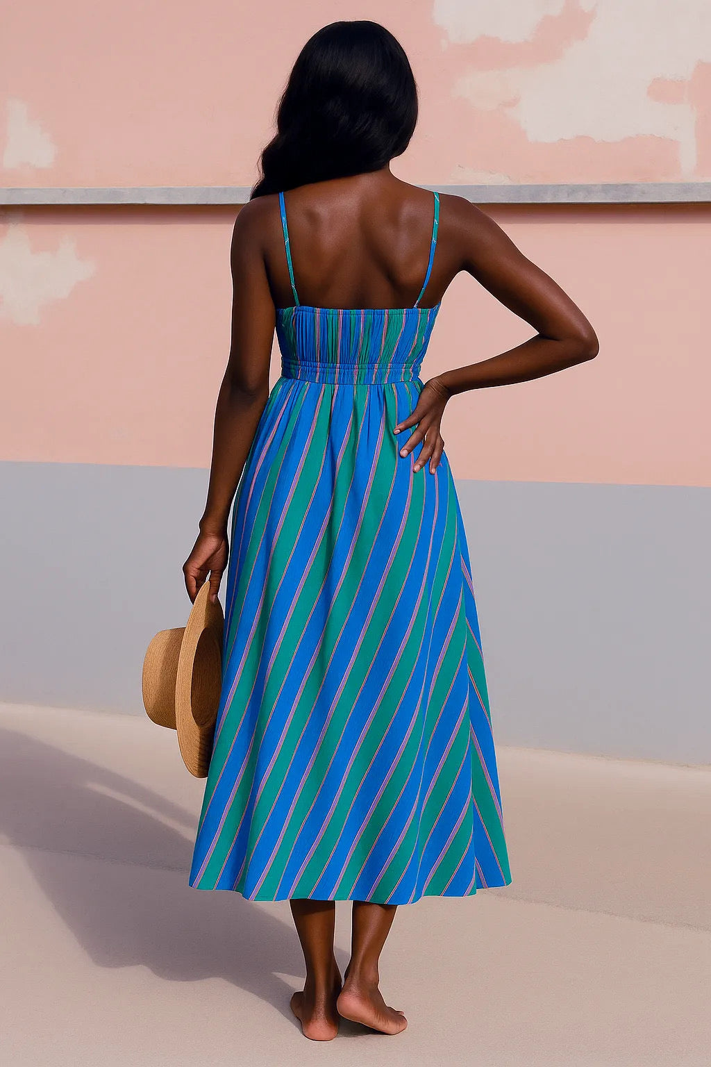 Aqua Striped Spaghetti Strap Maxi Dress