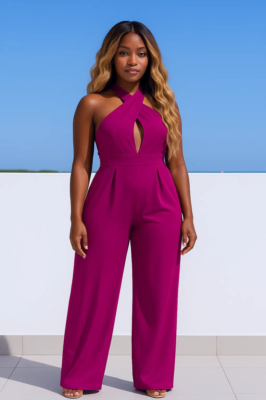 Wide Leg Cutout Halter Neck Jumpsuit
