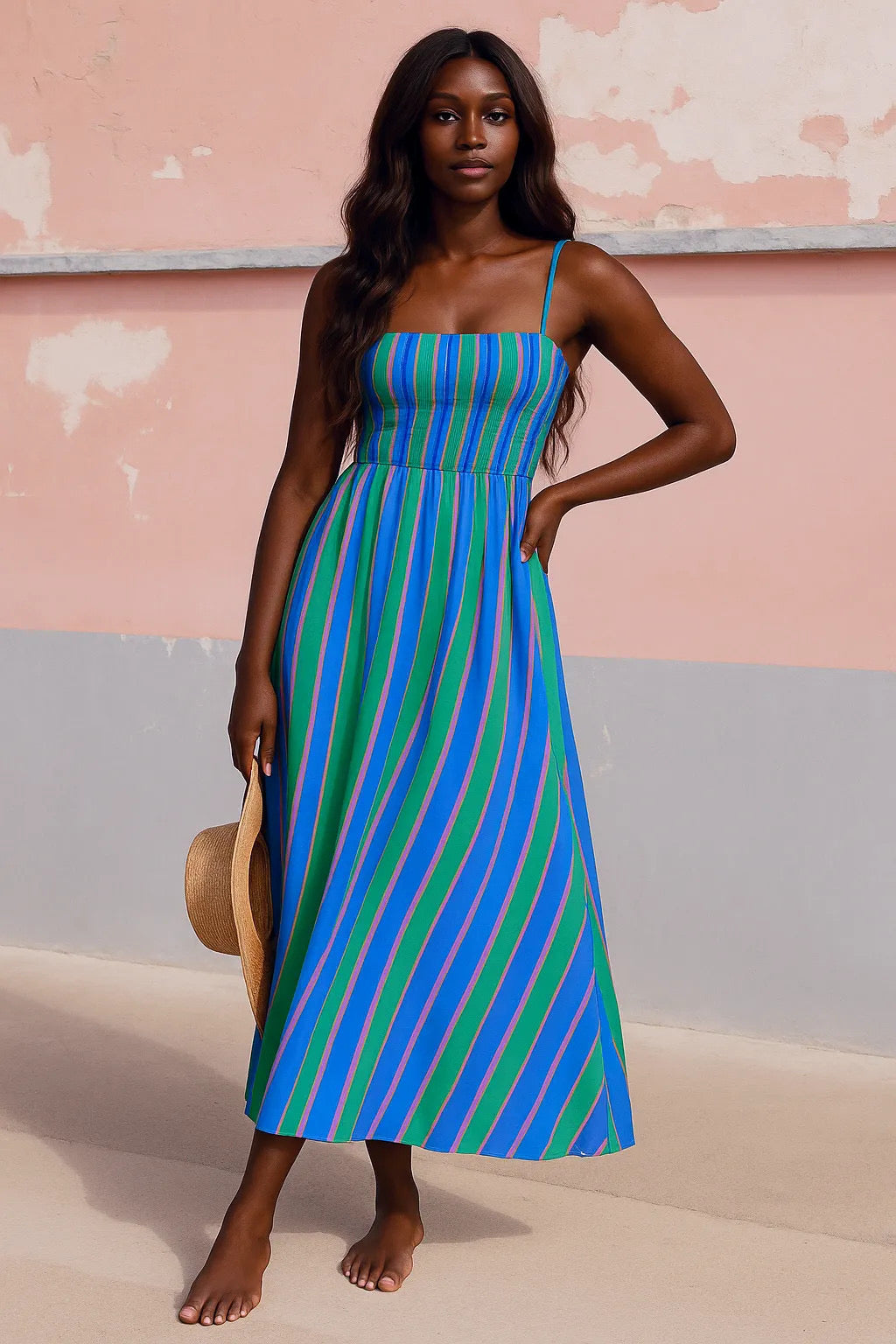 Aqua Striped Spaghetti Strap Maxi Dress