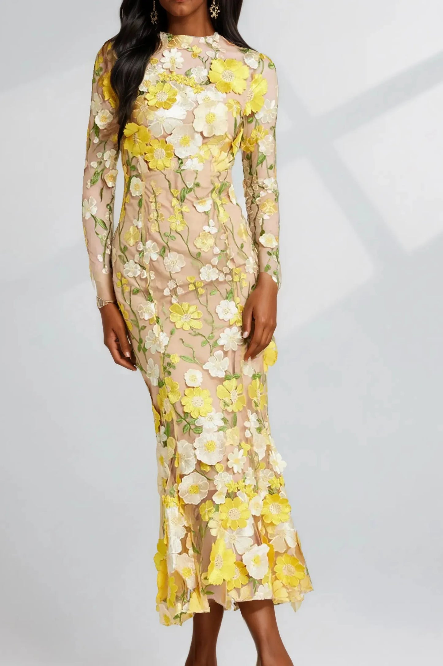 Jardin Mesh Long Sleeve Midi Dress