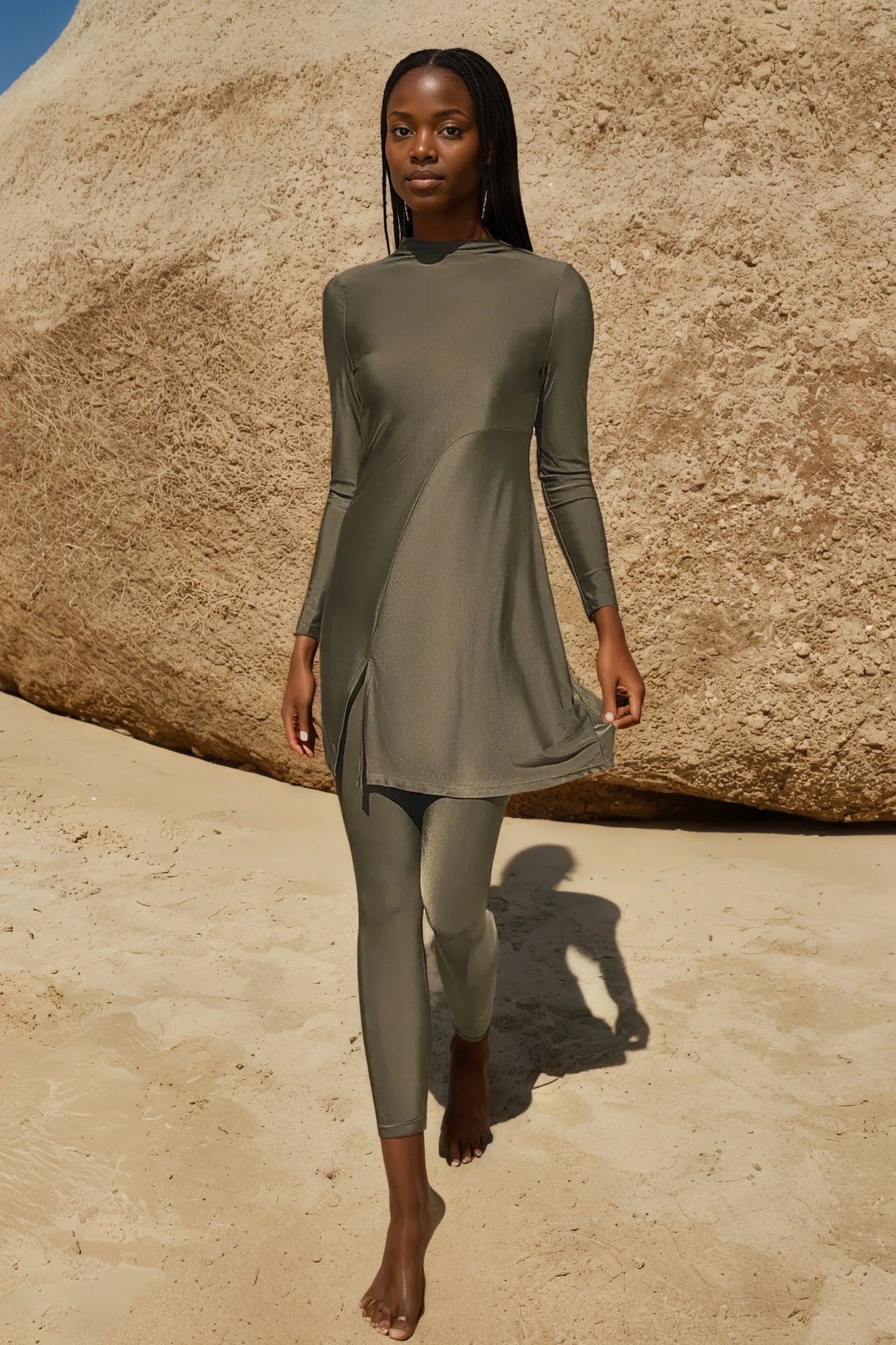 Slit Mock Neck Long Sleeve Top and Pants Swim Set