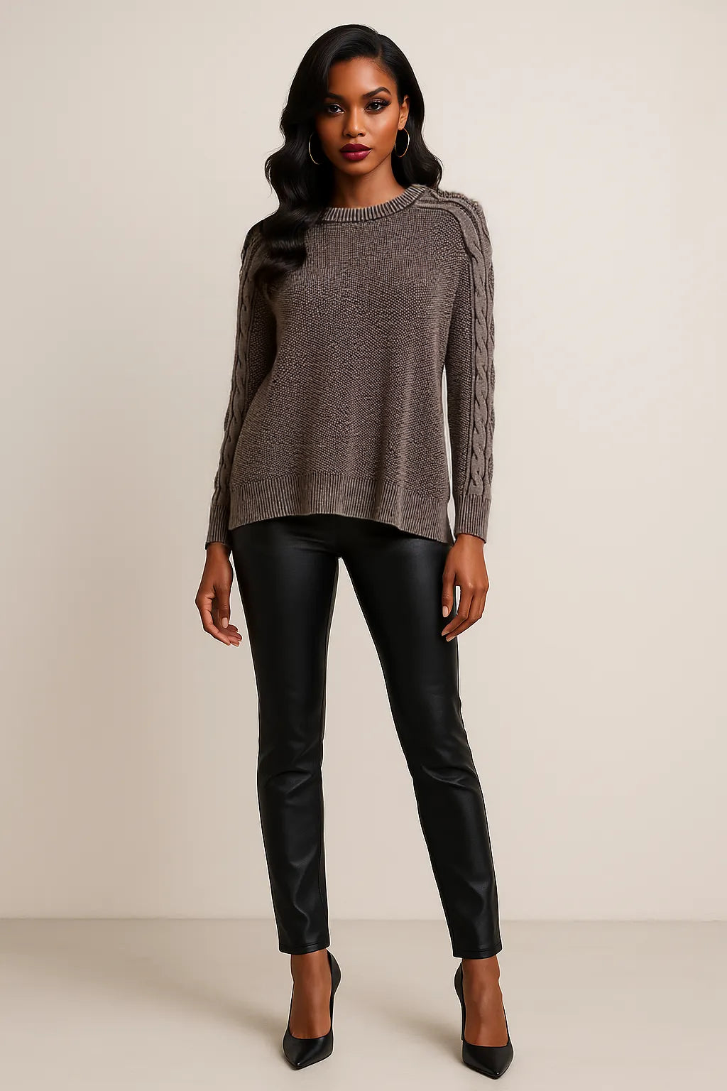 Contrast Cable Knit Sleeve Cotton Sweater