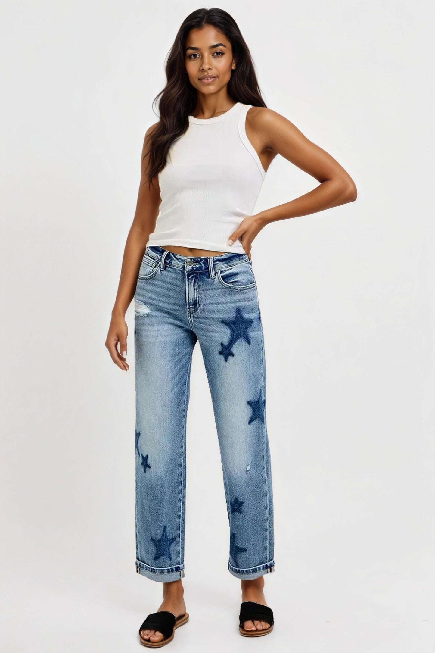 Mid Rise Boyfriend Star Shadow Detail Cuffed Jeans