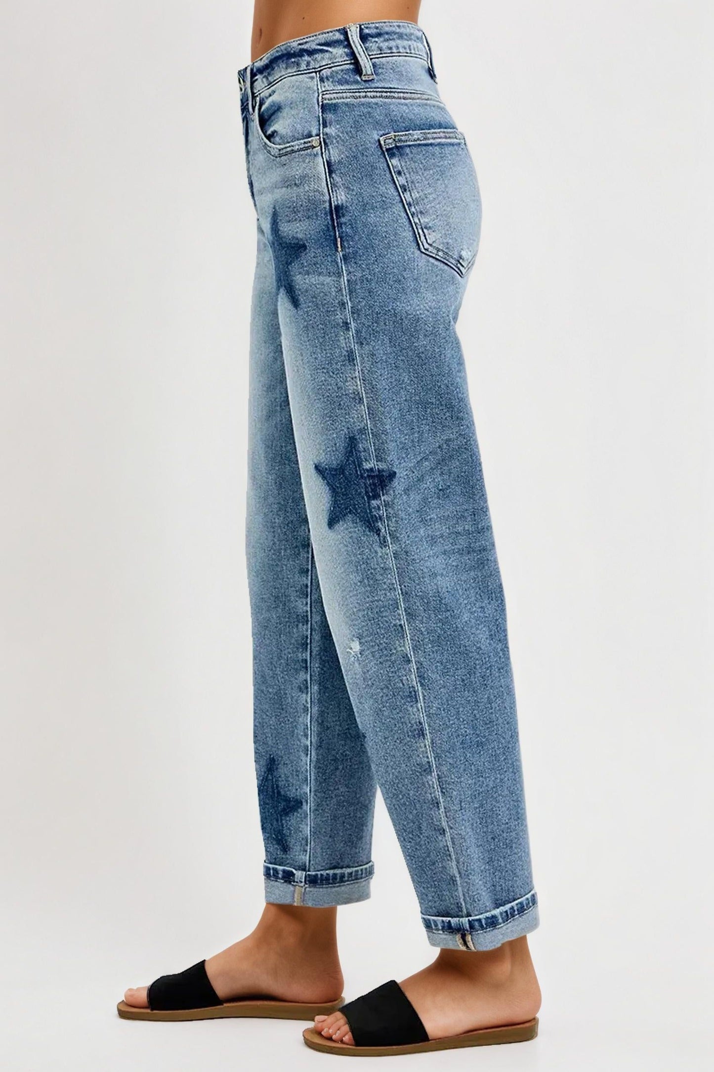 Mid Rise Boyfriend Star Shadow Detail Cuffed Jeans