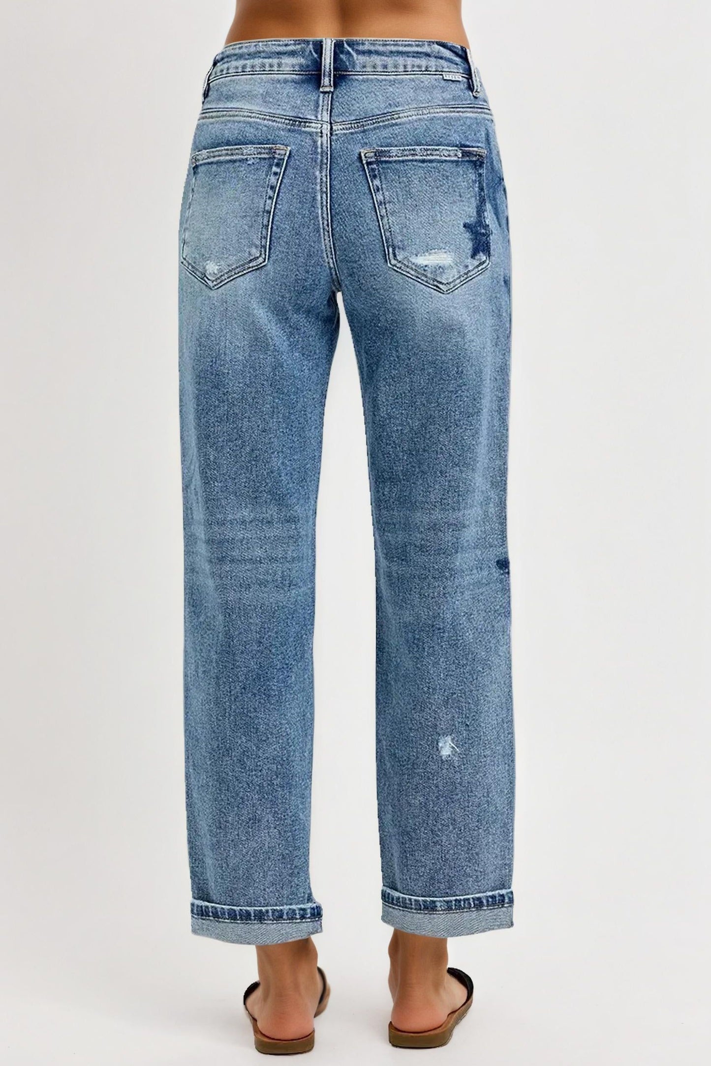 Mid Rise Boyfriend Star Shadow Detail Cuffed Jeans