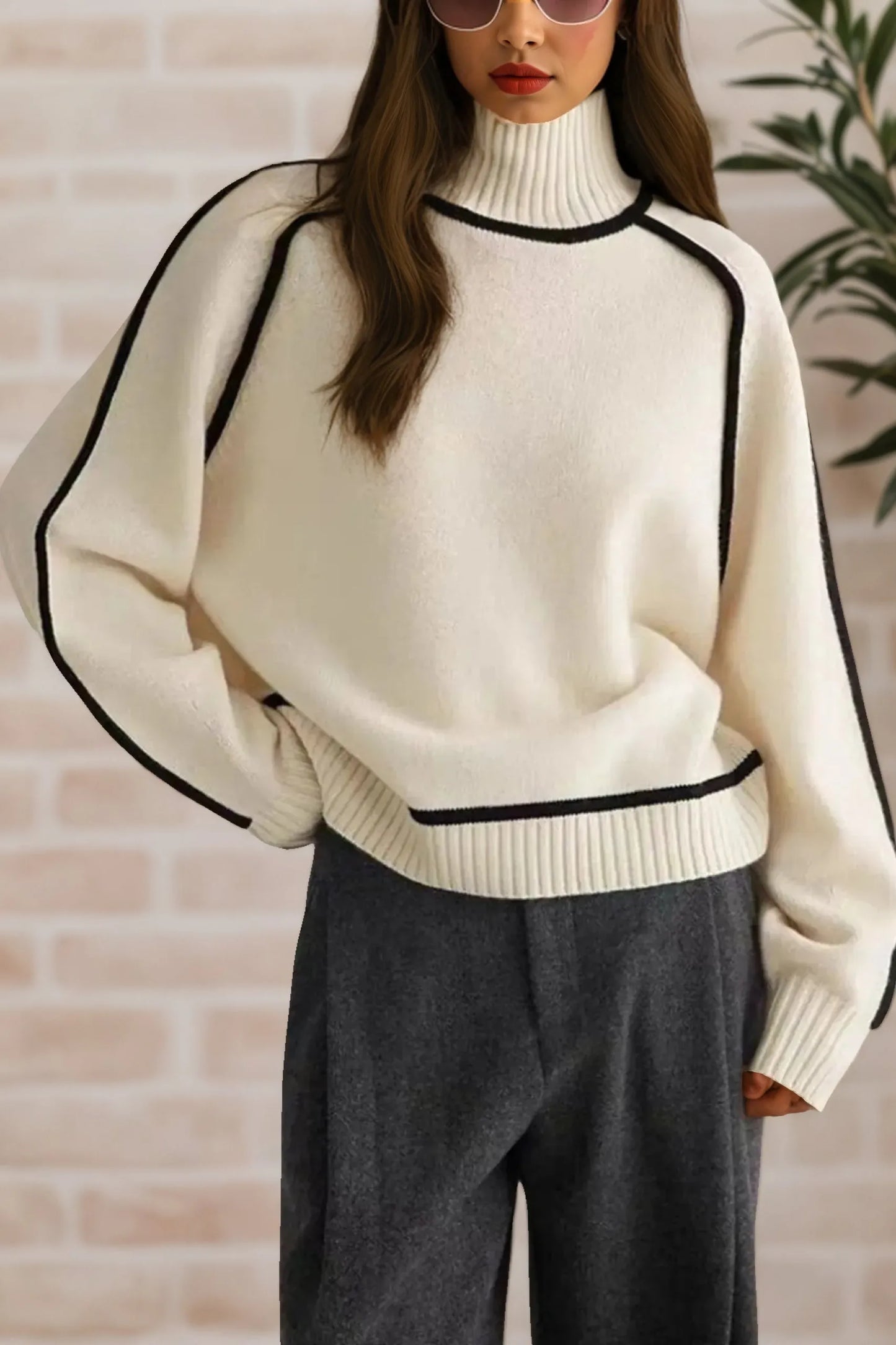 Contrast Trim Turtleneck Sweater