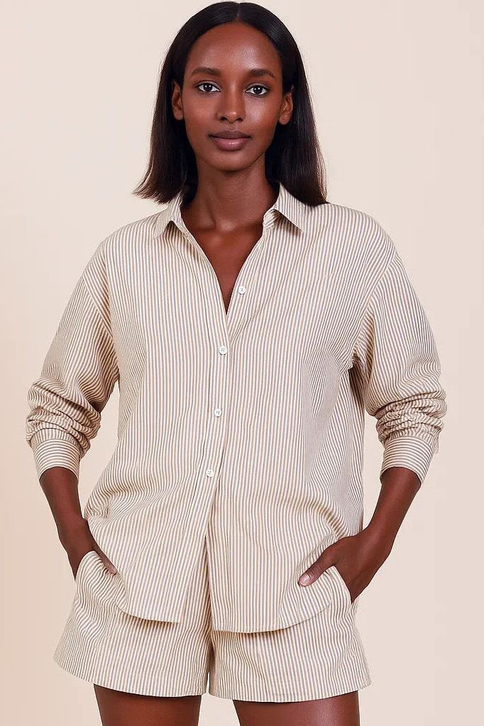 Collared Striped Button Up and Shorts Set