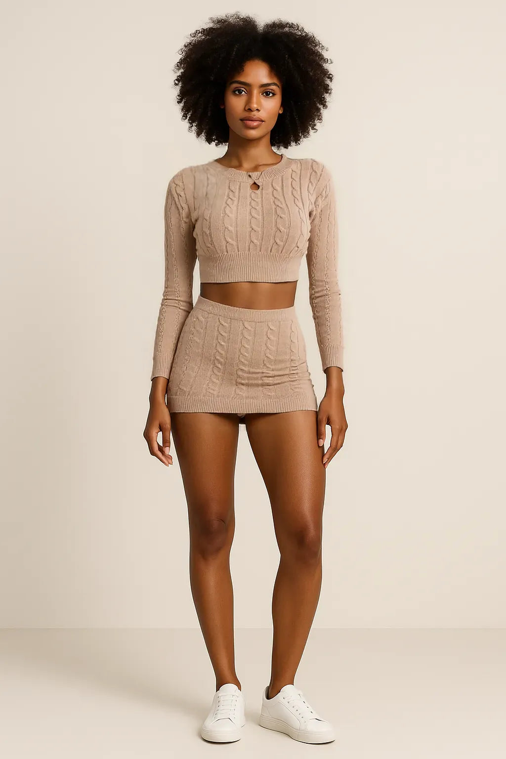 Cable-Knit Round Neck Top and Skirt Sweater Set